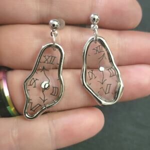 Unique Surreal Melting Clock Silver Tone Earrings